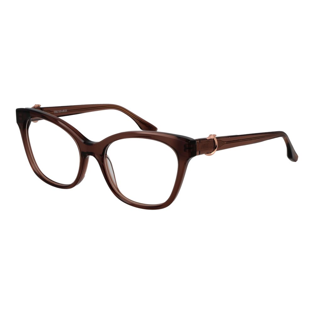 Trussardi Brown Acetate Glasses (Frames) for women, full-rim cat-eye style with demo plastic lenses and spring hinge, size 54-18-145.
