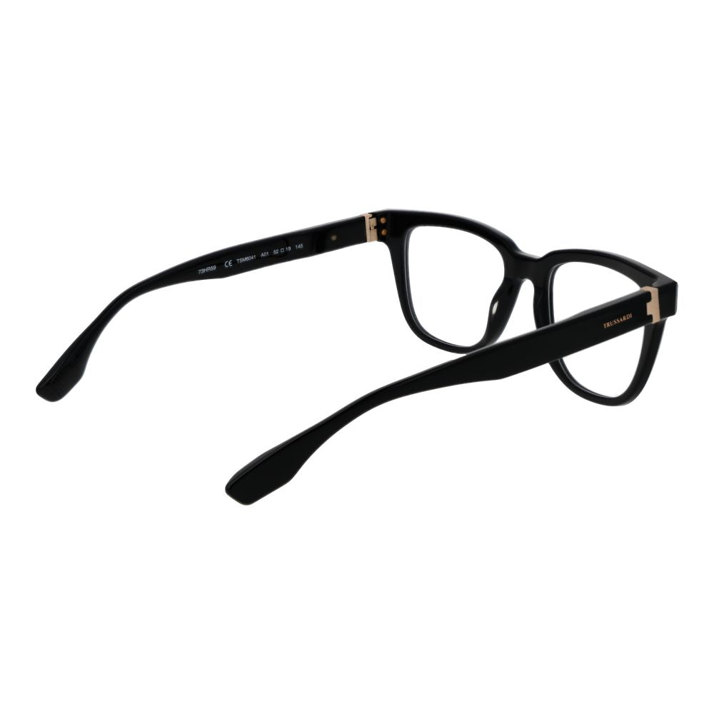 Trussardi Black Acetate Glasses (Frames) full-rim, black rectangle style, men's eyewear on black acetate with demo lenses.