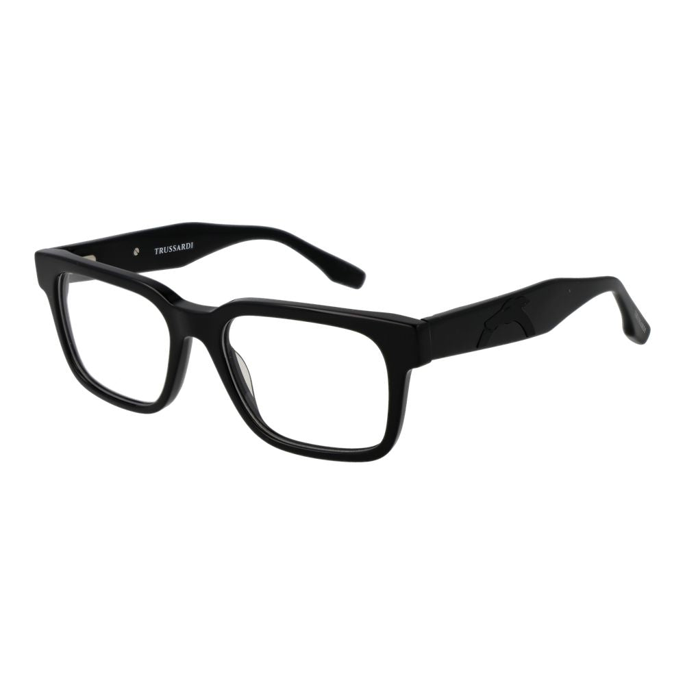 Trussardi Black Acetate Glasses (Frames), unisex full-rim rectangle style with demo lenses and black acetate frame, spring hinge.