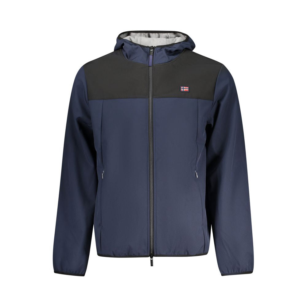 Norway 1963 Blue Polyester Men Jacket with hood and contrasting details, showcasing style and functionality, front view.