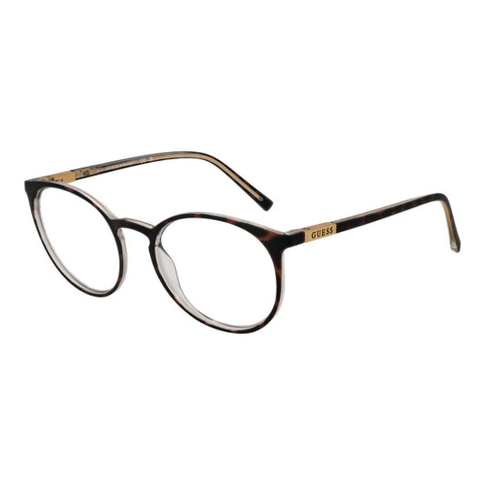 Guess Brown Plastic Glasses (Frames) with full-rim brown plastic frames, round style, unisex, includes branded case, size 52-19-145.
