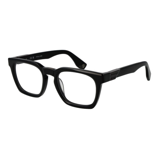 Police Black Cellulose Acetate Glasses (Frames) for men, full-rim rectangle style with demo plastic lenses, size 53-22-145.