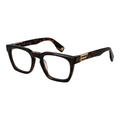 Police Brown Cellulose Acetate Glasses (Frames), square full-rim eyewear for men with demo lenses and 51-22-145 dimensions.
