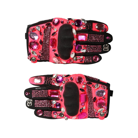 Dolce & Gabbana Black Pink Crystal Wrist Length Mitten Gloves