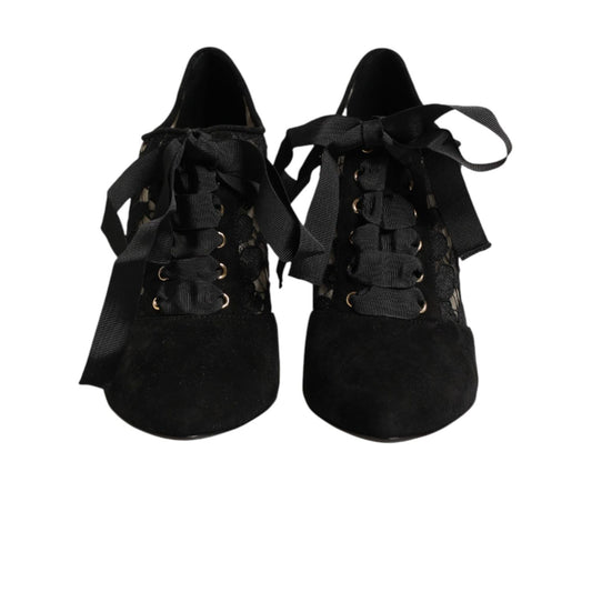 Dolce & Gabbana Black Floral High Heels LACE-UPS Pumps Shoes