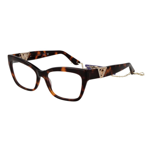 Guess Brown Acetate Glasses (Frames) for women, full-rim cat-eye style with spring hinges and demo lenses, includes branded case.