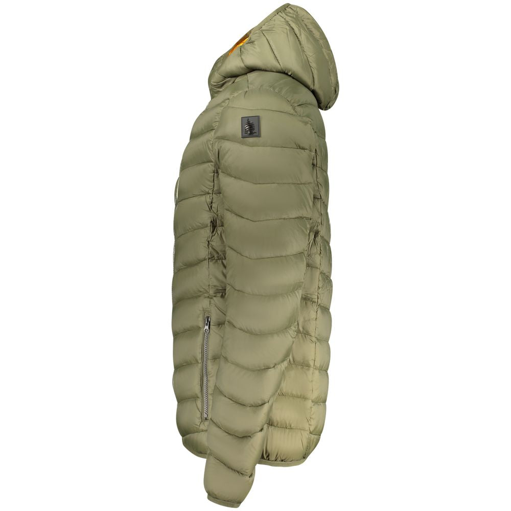 Side view of Marina Yachting Green Polyamide Men Jacket featuring hood and zip-up design