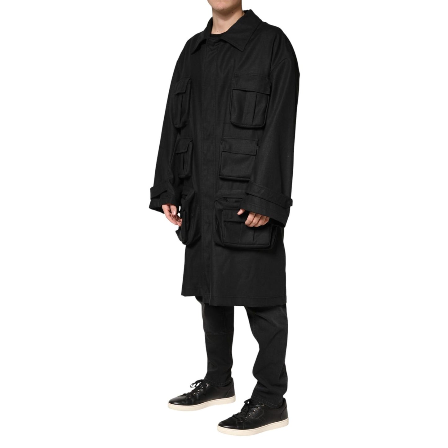 Dolce & Gabbana Black Pockets Collared Trench Coat Jacket