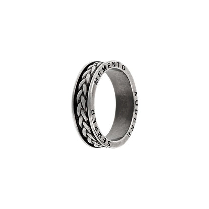 Silver ring with engraved Latin phrase, intricate design