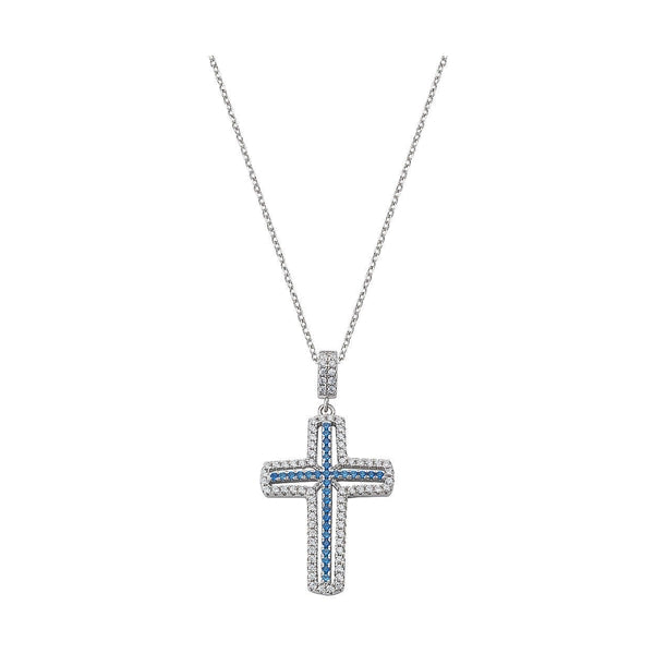 Elegant cross necklace from AMEN JEWELRY Mod. CLCRVBBLZ with blue stones, on a silver chain.