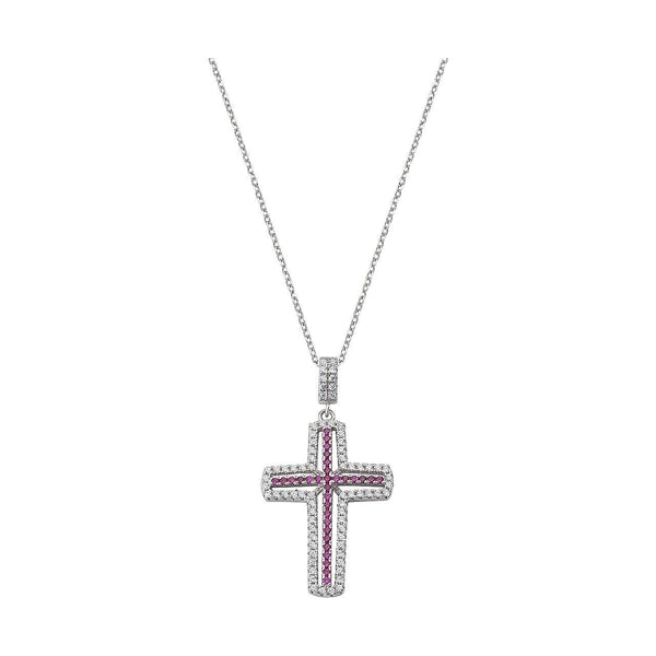 AMEN JEWELRY Mod. CLCRVBRZ cross pendant necklace with pink stones and silver chain