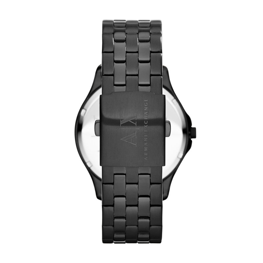 Back view of A|X ARMANI EXCHANGE Mod. HAMPTON wristwatch with stainless steel bracelet.