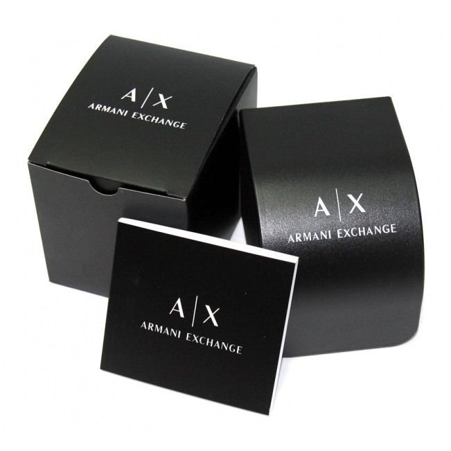 Official packaging of A|X ARMANI EXCHANGE Mod. HAMPTON wristwatch, featuring black branded box, ideal for men's quartz watches.