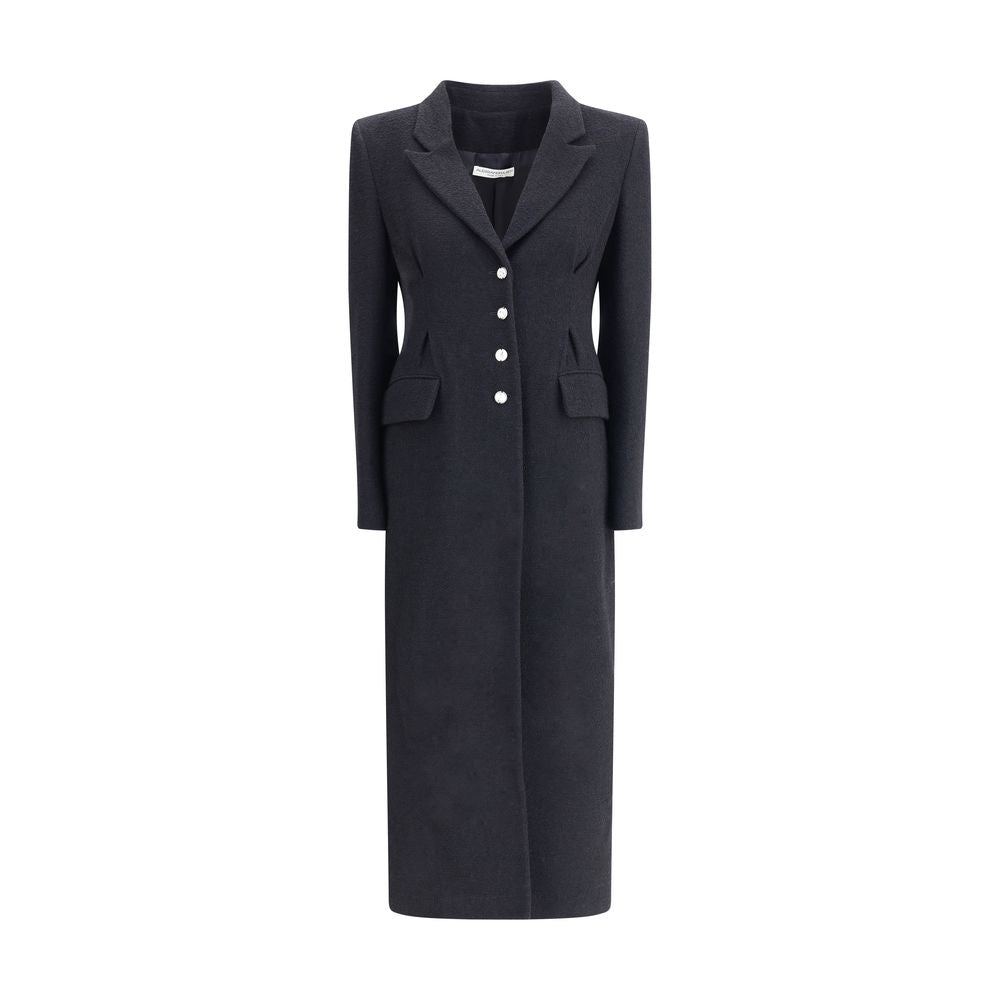 Alessandra Rich Black Fleece Wool Coat with jeweled buttons and flap pockets, featuring elegant peaked lapels. AW25 collection.