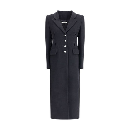 Alessandra Rich Black Fleece Wool Coat with jeweled buttons and flap pockets, featuring elegant peaked lapels. AW25 collection.