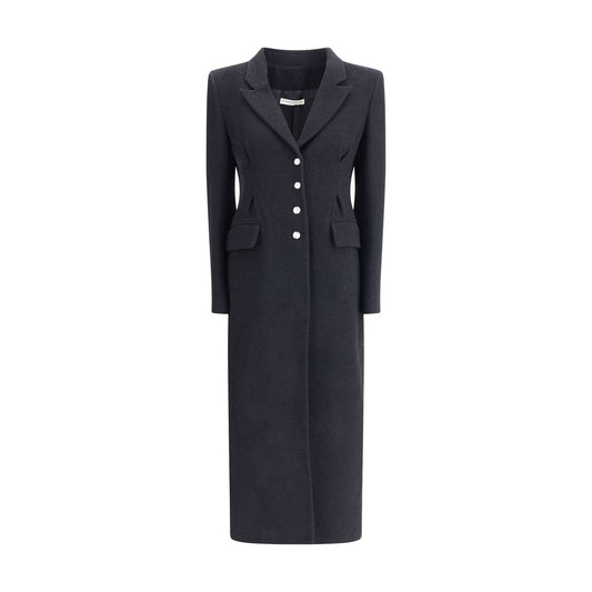 Alessandra Rich Black Fleece Wool Coat with jeweled buttons and flap pockets, featuring elegant peaked lapels. AW25 collection.
