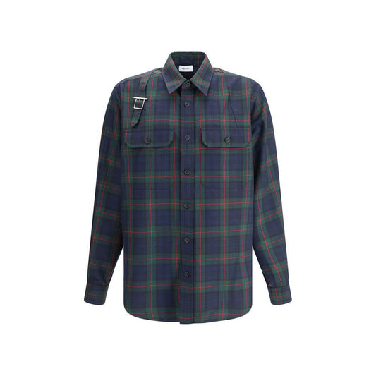 Alexander McQueen Green Polyester Pattern Shirt with tartan design and buckle detail, featuring button closure and chest patch pockets.