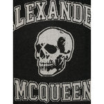 Close-up of Alexander McQueen Logo wool scarf featuring skull print and logo details in black wool.