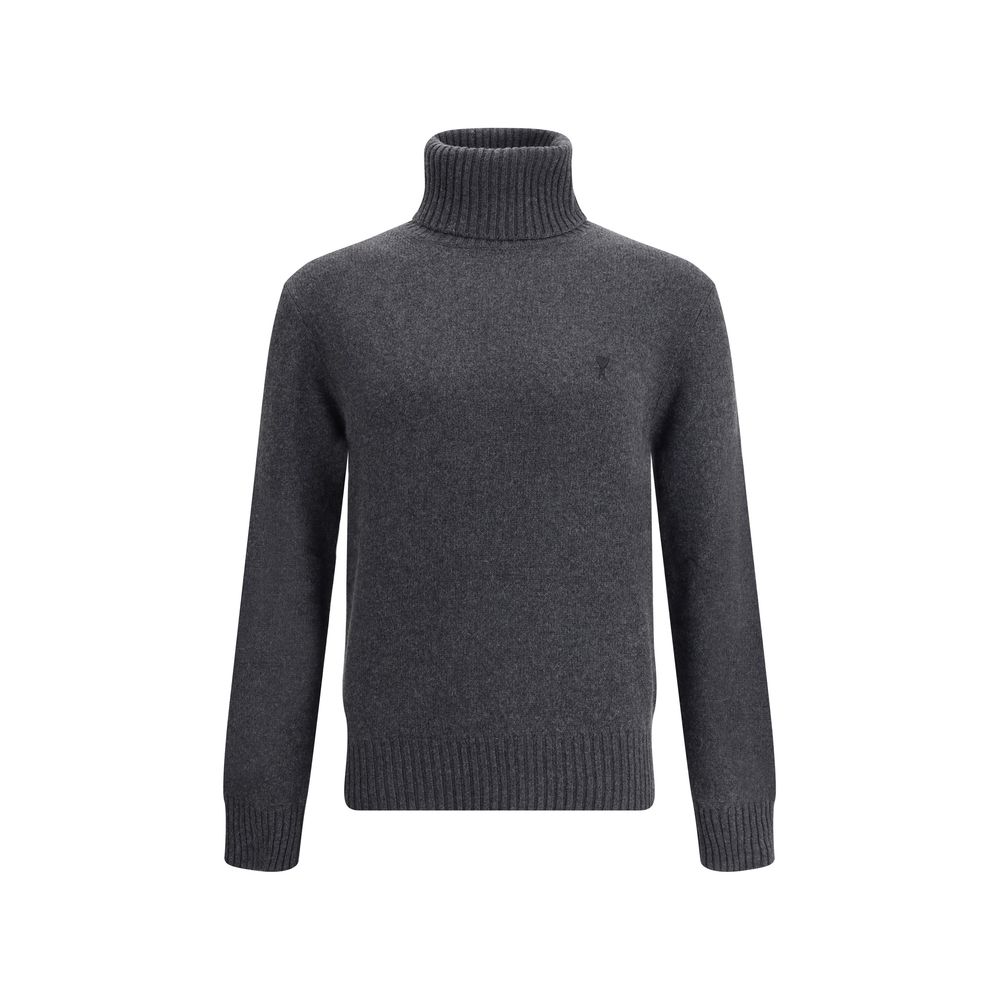 Ami Paris Gray Cashmere Turtleneck with ribbed cuffs and hem featuring iconic logo, crafted from 97% Kashmir and 3% wool for AW25 season.