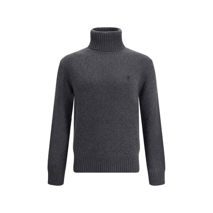 Ami Paris Gray Cashmere Turtleneck with ribbed cuffs and hem featuring iconic logo, crafted from 97% Kashmir and 3% wool for AW25 season.
