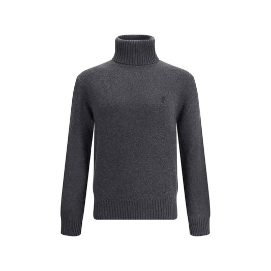 Ami Paris Gray Cashmere Turtleneck with ribbed cuffs and hem featuring iconic logo, crafted from 97% Kashmir and 3% wool for AW25 season.