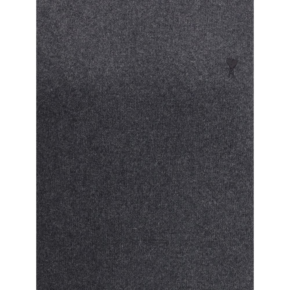 Ami Paris Gray Cashmere Turtleneck featuring ribbed design and iconic logo for stylish comfort.