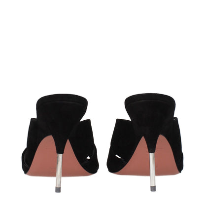 Amina Muaddi Black Leather Stiletto Heel Sandals, rear view showcasing sleek design, suede finish, and high stiletto heels.