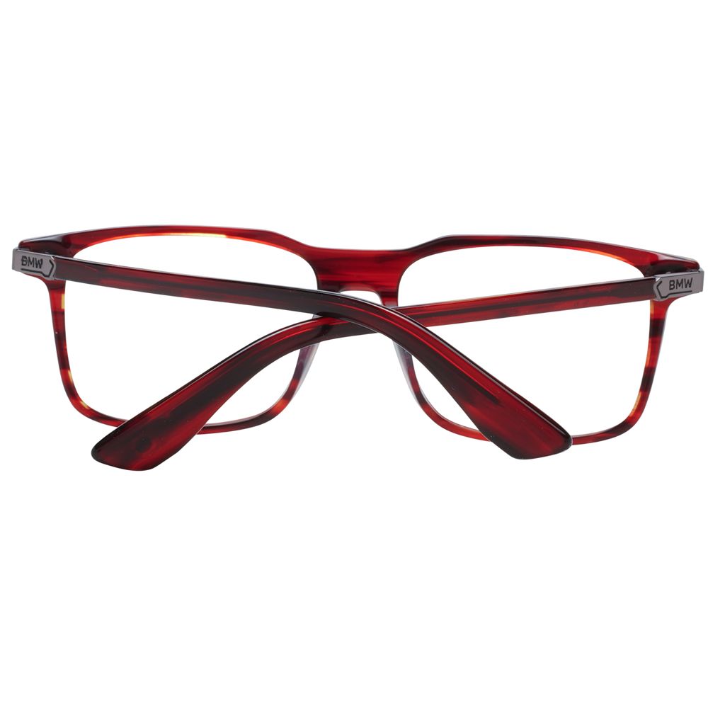 BMW Red Men Glasses Frame in full-rim rectangle style with plastic material, featuring demo lenses. Includes branded case.