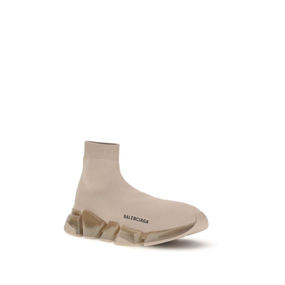 Balenciaga Beige Polyester Athletic Sneakers with sock style, geometric sole, sleek elongated toe, and brand signature.