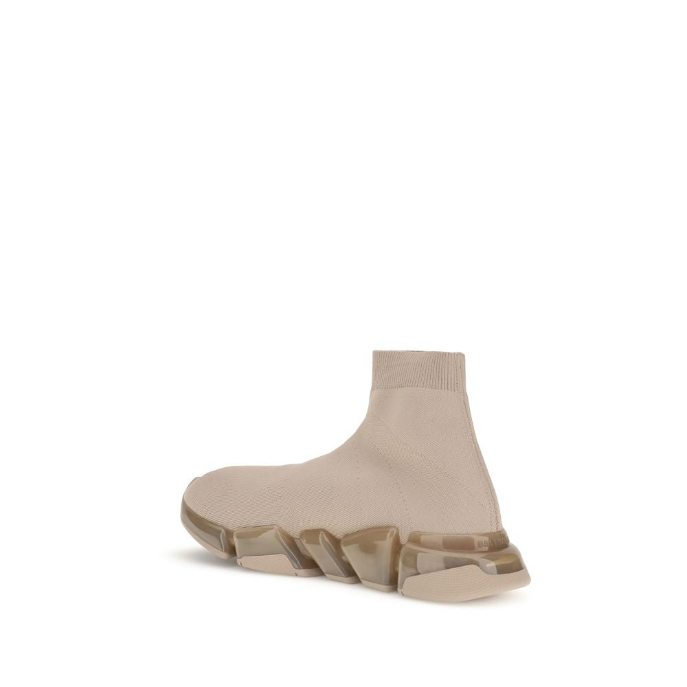 Balenciaga Beige Polyester Athletic Sneakers with sock-style fit and geometric sole, view from the side showcasing sleek design.
