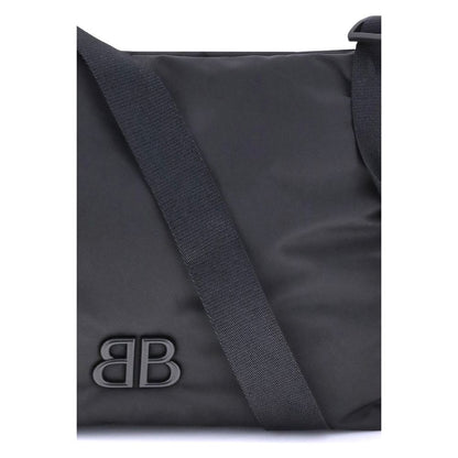 Balenciaga Black Fabric Shoulder Bag with BB logoed magnetic flap closure, featuring a flat shoulder strap for everyday use.