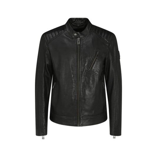 Belstaff Black Leather Jacket with front zipper, snap button neckline, and embossed logo patch.