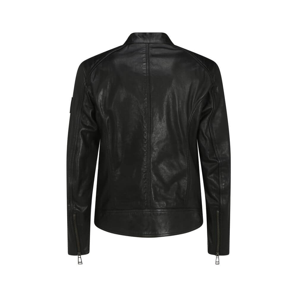 Back view of the Belstaff Black Leather Jacket showing elegant design and iconic logo patch.