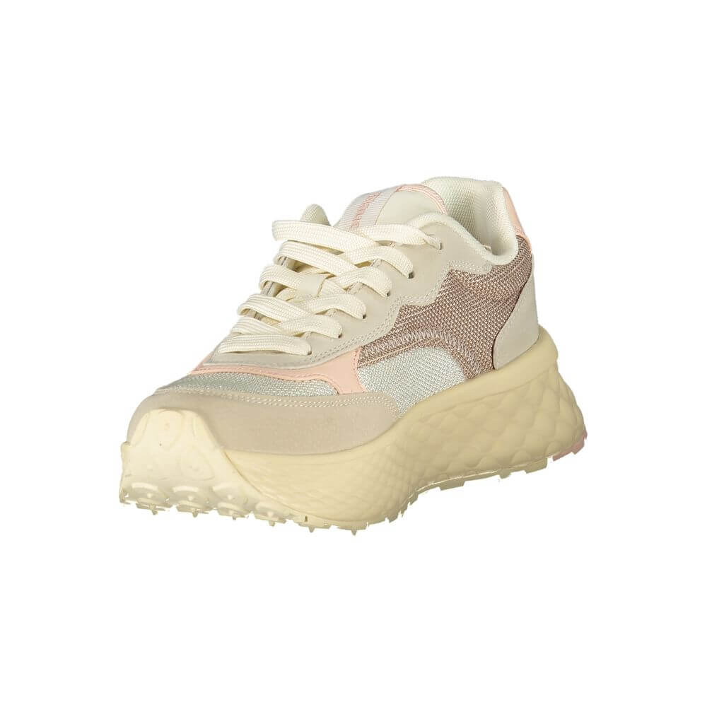 Blauer Beige Polyester Women Sneaker with pink accents, elegant and dynamic design for sporty fashionistas, featuring removable footbed.