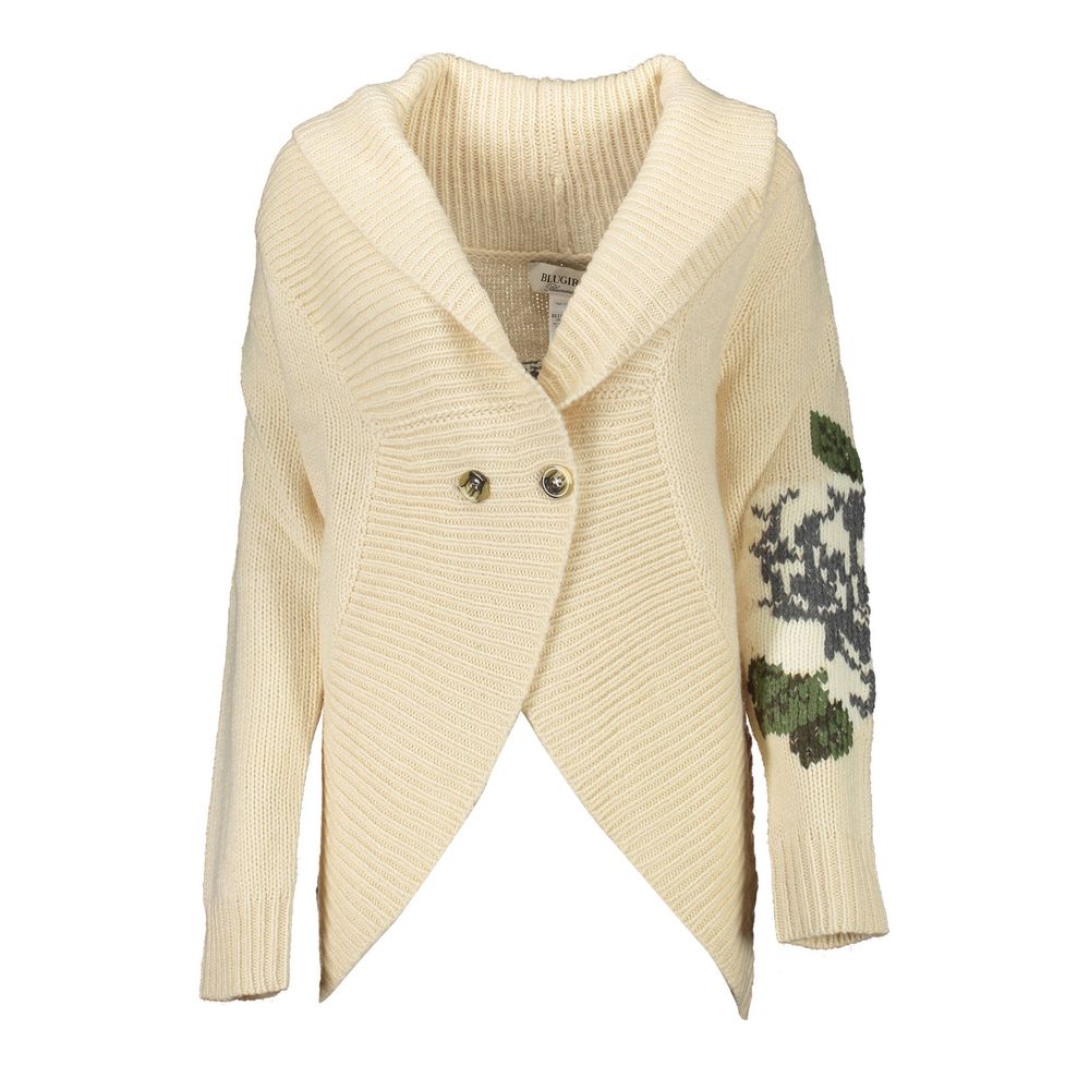 Blugirl Beige Acrylic Women Cardigan with elegant embroidery and high collar design for a chic, sophisticated look.