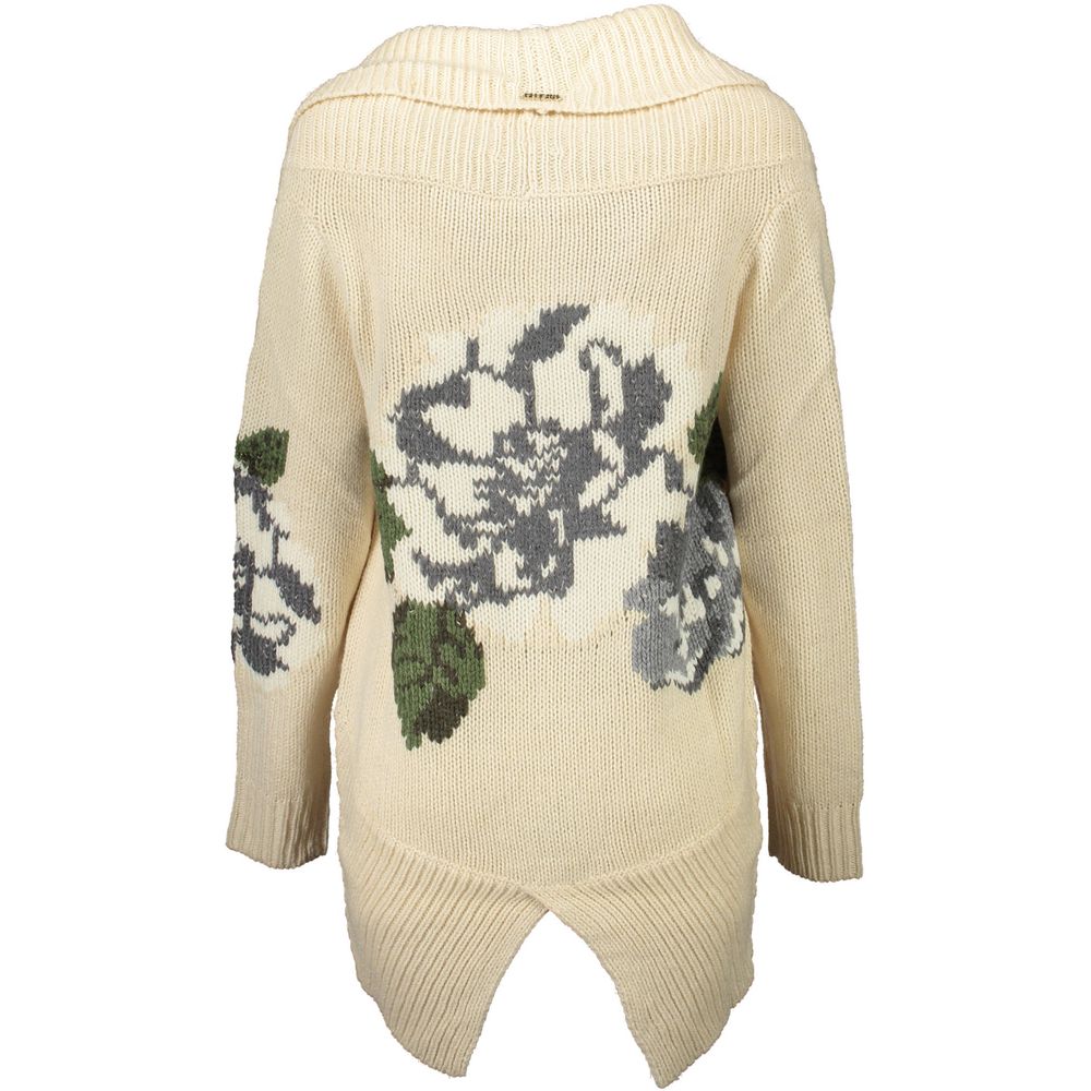 Blugirl Beige Acrylic Women Cardigan with floral embroidery and high collar design