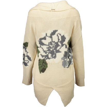 Blugirl Beige Acrylic Women Cardigan with floral embroidery and high collar design