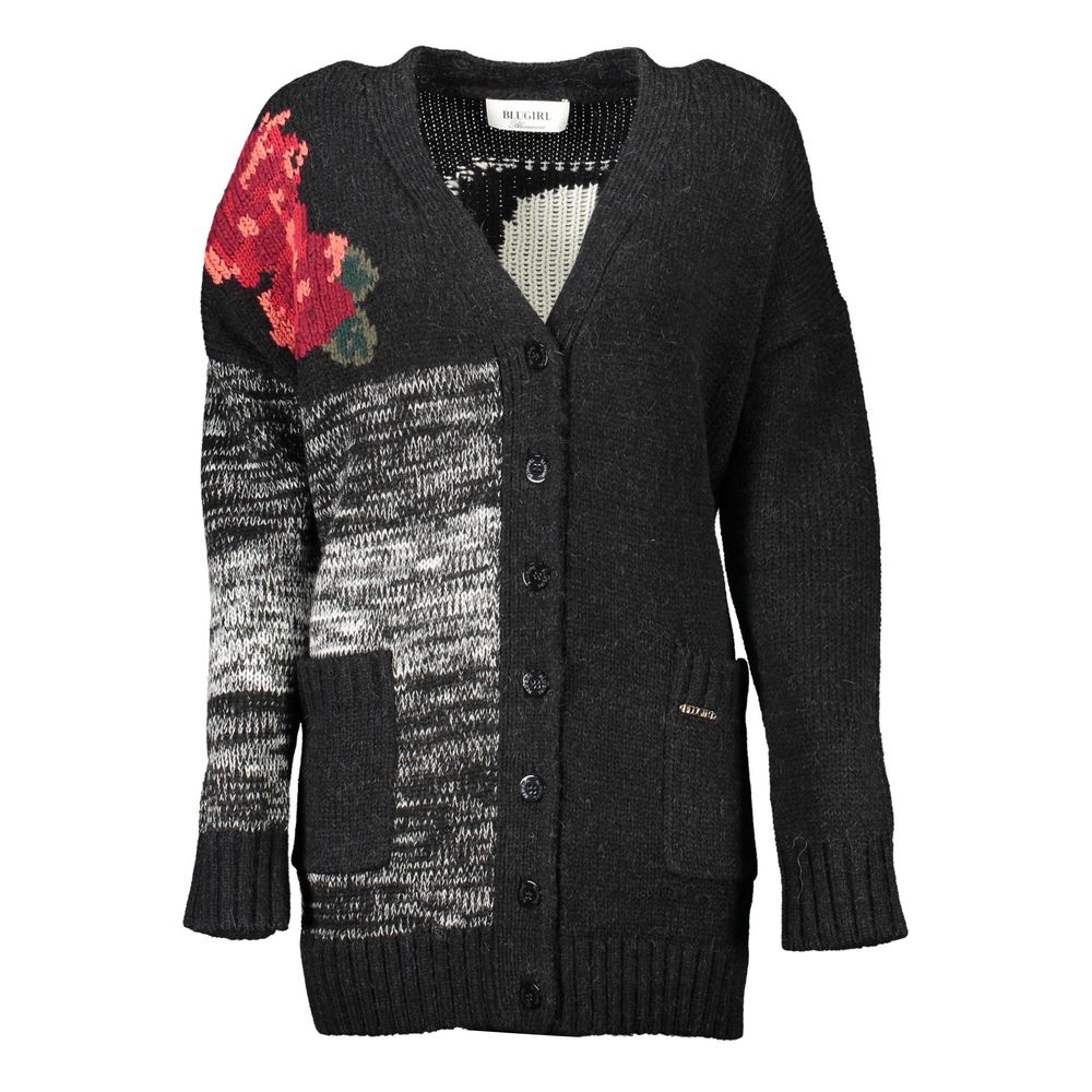 Blugirl Nero Acrylic Women Cardigan with floral design and button-up style in elegant black and gray.