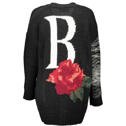 Blugirl Nero Acrylic Women Cardigan with bold 'R' and floral design on black knit sweater back view