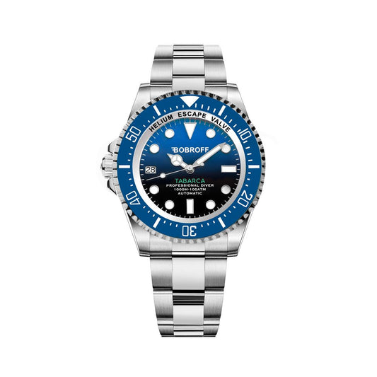 Bobroff Silver Stainless Steel Sport Watch with blue dial and sapphire glass, featuring NH35 Automatic caliber and 100ATM water resistance.