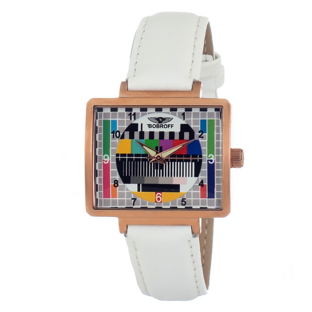 Bobroff White Leather Dress Watch with bronze steel case, test pattern dial, and white leather strap. Quartz, analog, mineral glass, 36mm.