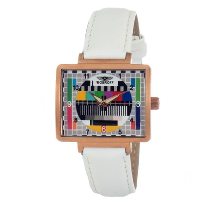 Bobroff White Leather Dress Watch with bronze steel case, test pattern dial, and white leather strap. Quartz, analog, mineral glass, 36mm.