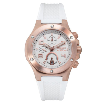 Bobroff White Rubber Bracelet Watch with pink gold steel case, white analog dial, sapphire glass, quartz movement, and buckle closure.