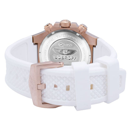 Back view of Bobroff White Rubber Bracelet Watch with pink gold steel case, showing buckle closure and engraved logo.