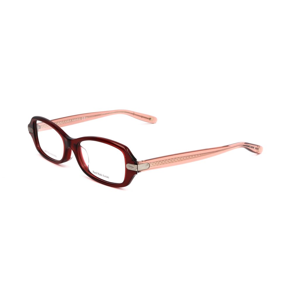 Bottega Veneta Bicolor Plastic Glasses (Frames) in transparent pink and burgundy, model BV602JEAE, shown at an angle.