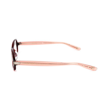 Side view of Bottega Veneta Bicolor Plastic Glasses (Frames) in transparent pink and burgundy with 51/16 mm measurements.