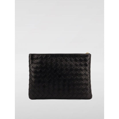 Bottega Veneta Black Leather Handbag with woven design, secure zip closure, and wristlet strap.