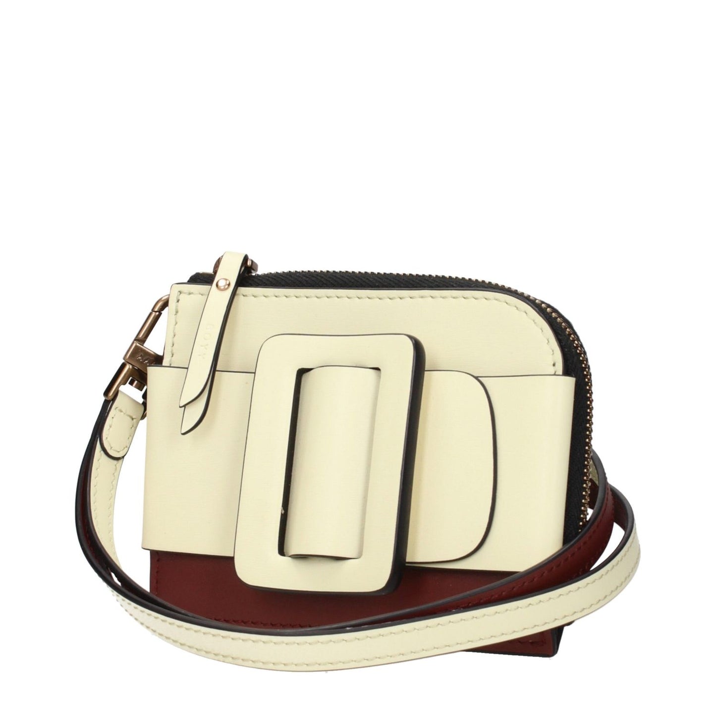 Boyy Beige Leather Cardholder with strap and front buckle detail, featuring a removable handle and back logo.