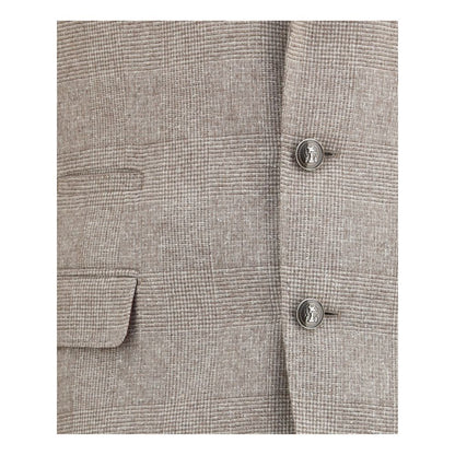 Brunello Cucinelli Beige Silk Two-Piece Suit close-up of blazer buttons and pocket design, showcasing elegance and luxury.