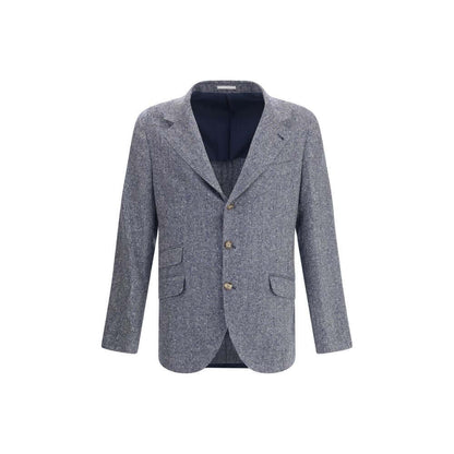Brunello Cucinelli Blue Wool Blazer with herringbone pattern, classic lapels, and welt flap pockets for AW25 season.